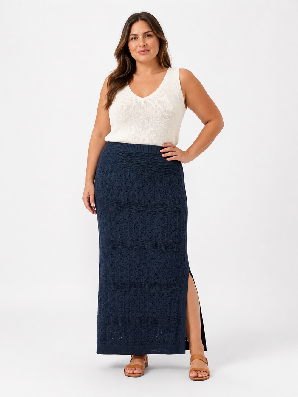 Splendid Pointelle Stitch Cotton Maxi Skirt Navy Blue XL NWT $138